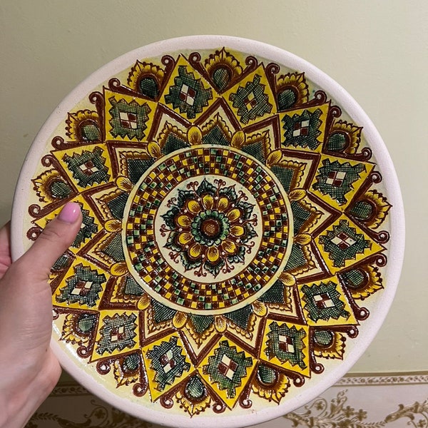 Colorful Hand-Painted Ceramic Plate with Traditional Geometric Patterns, Perfect for Home Decor!