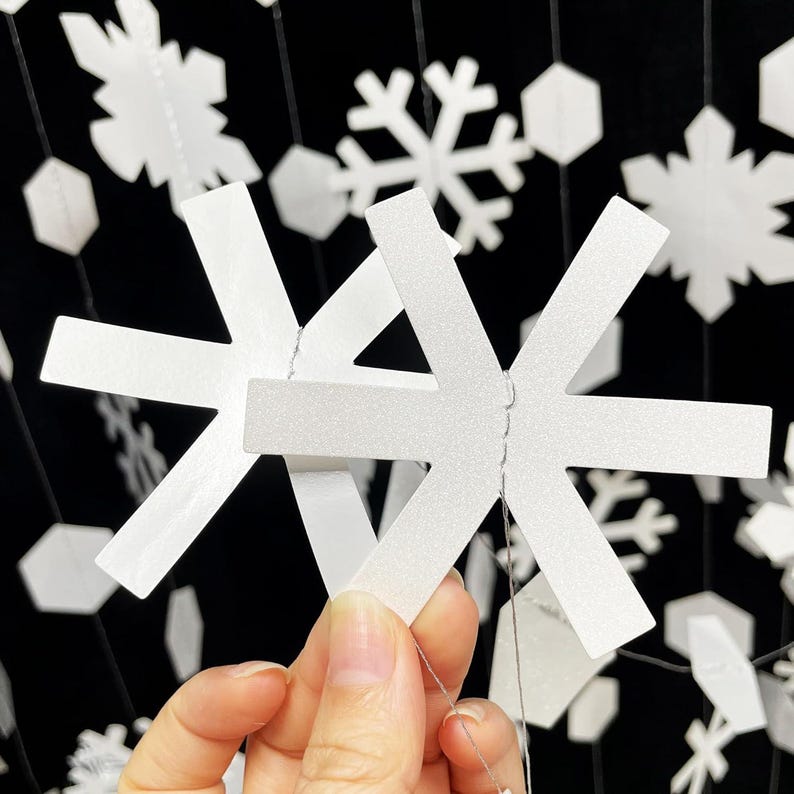 May include: Close-up of white paper snowflakes and geometric shapes hanging against a black background. The snowflakes are in various sizes and designs, creating a winter or holiday theme. The image is well-lit, highlighting the details of the paper cutouts.