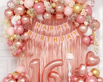 Sweet 16 Decorations, 16th Birthday with Happy Birthday Banner Fringe Curtain Metallic Rose Gold Pink White Confetti Number Foil Balloons