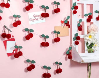 3-Pack Cherry Felt Pom Garland – 6.6ft Red Fruit Hanging Banner for Summer Wedding, Baby Shower & Birthday Party Decor