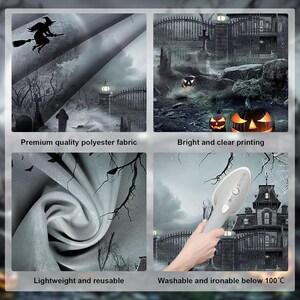 May include: A Halloween-themed fabric with a spooky haunted house, witch on a broom, and jack-o'-lanterns. The fabric is gray and black with the text "Premium quality polyester fabric", "Bright and clear printing", "Lightweight and reusable", and "Washable and ironable below 100&deg;C".