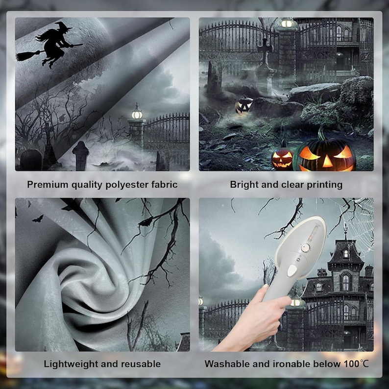 May include: A Halloween-themed fabric with a spooky haunted house, witch on a broom, and jack-o'-lanterns. The fabric is gray and black with the text "Premium quality polyester fabric", "Bright and clear printing", "Lightweight and reusable", and "Washable and ironable below 100&deg;C".