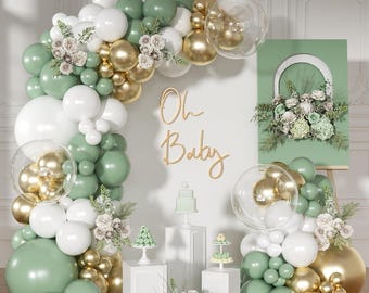 Sage Green Balloon Arch Kit 126 Pcs Neutral Green and White Metallic Gold Balloon Arch Garland Kit for Birthday Baby Shower Decorations