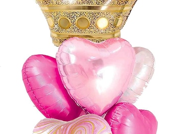 Pink Balloons Birthday Decorations, Gold Crown Princess Foil Balloons Set for Girls Women Party Decorations Baby Shower