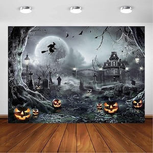 May include: A Halloween-themed backdrop featuring a spooky scene with a haunted house, jack-o'-lanterns, and a witch flying across a full moon. The backdrop has a dark, eerie atmosphere with a graveyard and bare trees.