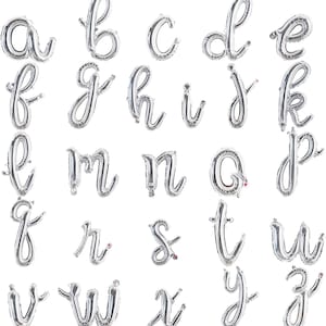 May include: Silver foil letter balloons in a cursive font, including the letters a through z. Each balloon is inflated and ready for use. Perfect for birthdays, weddings, or other celebrations. The balloons are arranged on a white background.