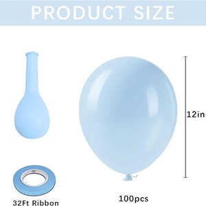 May include: A light blue balloon, 12 inches in diameter, with a matching ribbon and a balloon pump. The image also shows a roll of ribbon and the text "PRODUCT SIZE" and "100pcs".