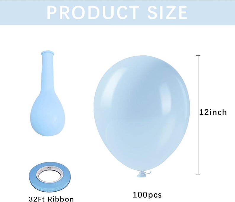 May include: A light blue balloon, 12 inches in diameter, with a matching ribbon and a balloon pump. The image also shows a roll of ribbon and the text "PRODUCT SIZE" and "100pcs".