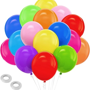May include: A vibrant assortment of colorful balloons in shades of red, pink, orange, yellow, green, blue, and purple. The balloons are clustered together, with white strings and two white, circular adhesive dots in the lower left corner.