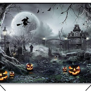 May include: Halloween backdrop featuring a spooky scene with a full moon, a witch on a broom, and a haunted house. Lit jack-o'-lanterns and a graveyard add to the eerie atmosphere. The backdrop is supported by a black stand.