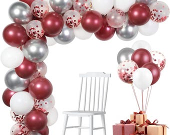 60-Pack Burgundy Balloon Garland Arch Kit – 12" Latex & Confetti Balloons in Red, White, Silver, Maroon for Wedding and Birthday Party Decor