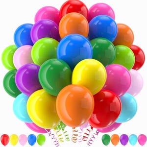 May include: A large, dense cluster of glossy, round balloons in a vibrant spectrum of colors including red, orange, yellow, green, blue, purple, and pink. Each balloon features a smooth, reflective surface and a long, curled ribbon at the base.