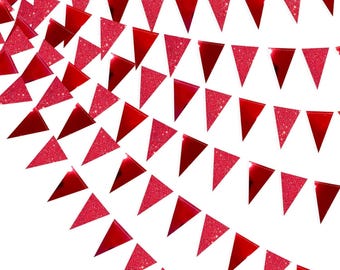 30ft Red Glitter Metallic Triangle Pennant Banner – Bunting Flags for Graduation, Wedding, Engagement, Bridal Shower & Birthday Party Decor