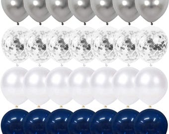 Navy Blue and Silver Confetti Balloons 50 pcs, 12 inch White Pearl and Silver Metallic Chrome Party Balloons for 2026 Graduation Party