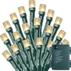 May include: A string of warm white LED lights on a dark green wire, featuring a rectangular battery pack with nine settings: 1. Combination, 2. In wave, 3. Sequential, 4. Slo glo, 5. Chasing/Flash, 6. Slow fade, 7. Twinkle/Flash, 8. Steady on, 9. Off.
