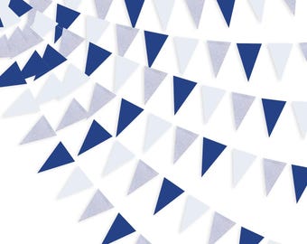 30ft Navy Blue, White & Silver Triangle Flag Banner – Perfect for Graduation, Birthday, Wedding, Nautical and Anchor Theme Parties
