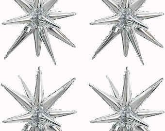 4 Pcs 22" Silver 4D Star Balloons – Huge Explosion Star Mylar Foil Balloons for Party Backdrop, New Year, Birthday & Wedding Decorations