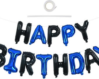 16 Inch Black Blue Happy Birthday Balloons Banner Foil Letters for Men Boys 10th 13th 15th 30th 50th Birthday Party Decorations Reusable