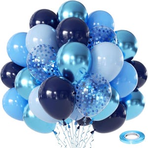 May include: A cluster of balloons in shades of navy, royal, and light blue, including metallic and clear balloons filled with blue confetti. The balloons are tied with curling ribbons, and a roll of light blue ribbon is positioned at the bottom right.