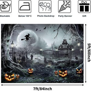 May include: Halloween-themed photo backdrop featuring a spooky scene with a full moon, witch, haunted house, and jack-o'-lanterns. The backdrop measures 7ft/84 inches wide and 5ft/60 inches high. Includes icons for washable, low heat, and party banner.