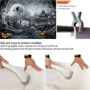 May include: Halloween-themed backdrop featuring a spooky scene with a full moon, witch, haunted house, and jack-o'-lanterns. Includes a clamp for hanging and instructions for removing wrinkles with a steam iron.