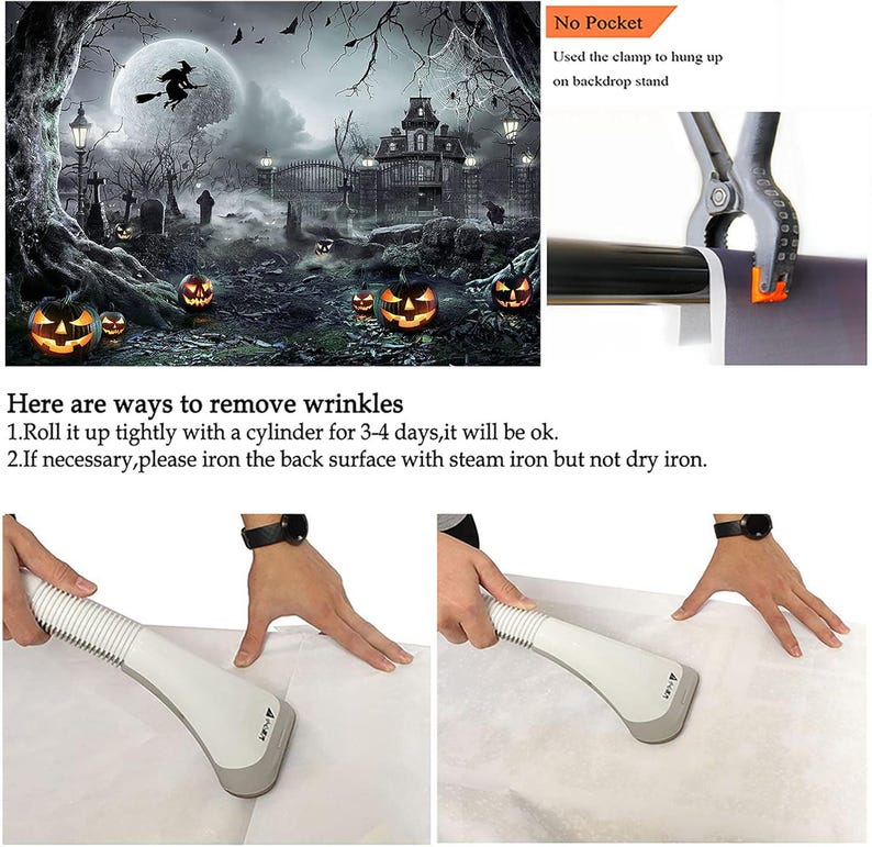 May include: Halloween-themed backdrop featuring a spooky scene with a full moon, witch, haunted house, and jack-o'-lanterns. Includes a clamp for hanging and instructions for removing wrinkles with a steam iron.