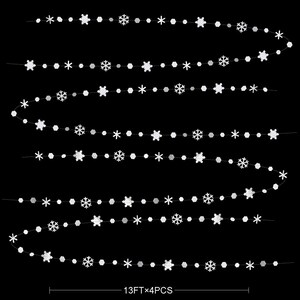 May include: White snowflake garlands on a black background. Each garland features various snowflake designs and small, round beads. The text at the bottom indicates the length of the garlands: 13 feet x 4 pieces.