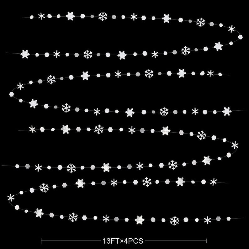 May include: White snowflake garlands on a black background. Each garland features various snowflake designs and small, round beads. The text at the bottom indicates the length of the garlands: 13 feet x 4 pieces.