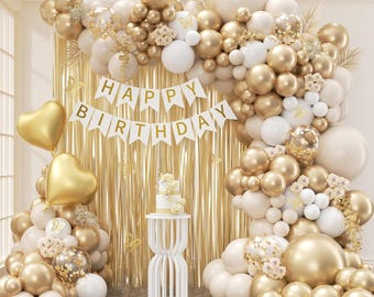White and Gold Birthday Decorations with Sand White Metallic Gold Confetti Foil Balloons Fringe Curtain Banner for Golden Birthday Party