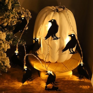 May include: A string of LED fairy lights featuring black crow silhouettes, draped around a large white pumpkin. Each crow figure is illuminated by a small warm white light, creating a glowing effect against the dark, moody setting.
