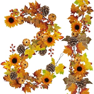 May include: A decorative autumn garland featuring vibrant yellow sunflowers, orange pumpkins, brown pinecones, and clusters of small red berries interspersed among maple leaves in shades of yellow, orange, and green, arranged in a winding vine pattern.