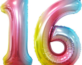 Number 16 Balloons for 16th Birthday Sweet 16 Party Decorations,42 Inch Jumbo Foil Helium 61 Balloons for 61st Birthday Party (Rainbow)