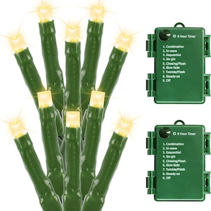 May include: A string of LED lights with warm white bulbs on a green wire, accompanied by two green battery packs. Each pack features a 6-hour timer and a list of nine settings: Combination, In wave, Sequential, Slo glo, Chasing/Flash, Slow fade, Twinkle/Flash, Steady on, and Off.