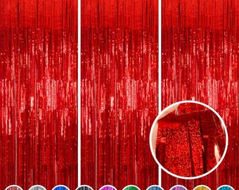 Red Foil Fringe Curtain Backdrop 3 Pack, 3.2 x 8.2 FT Party Decorations | Birthday Party, Graduation Decorations, Photo Booth Backdrop