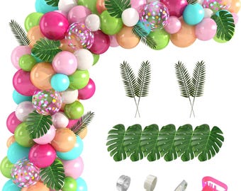 151PCS Tropical Balloon Arch Kit with Green, Hot Pink & Confetti Balloons, Palm Leaves – Perfect for Hawaii, Flamingo, Birthday, Baby Shower