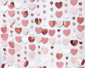 Rose Gold & Blush Pink Heart Garland – Dusty Pink Hanging Paper Streamer for Valentine’s Day, Bridal Shower, Wedding and Baby Shower Decor