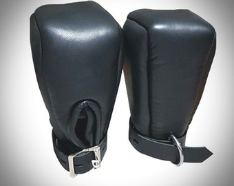 Bondage Fist Mitts Gloves Sheep Black Leather Padded Lined