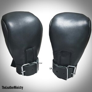 Bondage Fist Mitts Gloves Sheep Black Leather Padded Lined