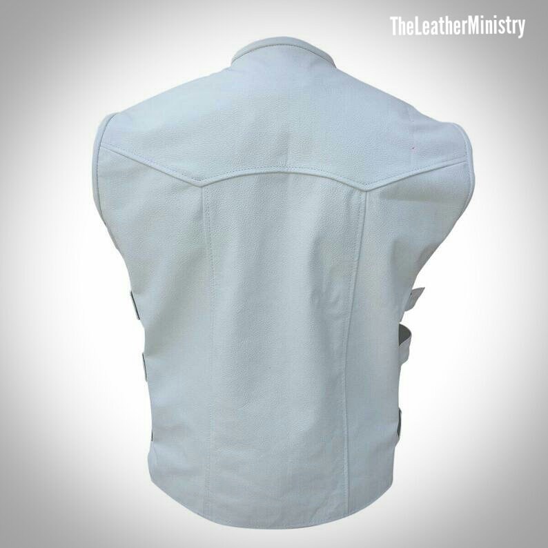 Mens White Leather Vest Biker Rider Motorbike Motorcycle Etsy