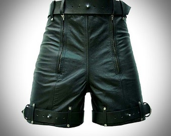 Mens Black Leather Chastity Bondage Shorts – Rear Zip with Locking Waist Strap - CS1- BLK main image 0