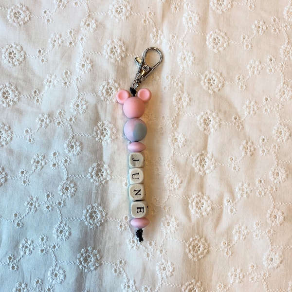 Silicone Beads and Wooden Letter Beads Keychain with Name, Keychain with Clip, Personalized Keychain - Pink
