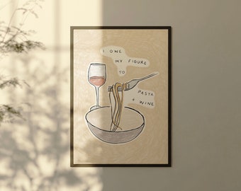 Pasta and wine club print, Eat pasta and drink wine wall art, wine poster, pasta print, food and drink print, kitchen wall art