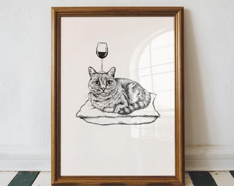 Cat Wall Art | Cat and Wine Drawing