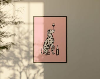 May include: A black and white Dalmatian dog sits on a pink background, looking up at a glass of red wine. A bottle of wine is on the ground next to the dog.