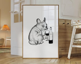 May include: A black and white illustration of a French bulldog sitting with a bottle of wine and wine glasses. The bulldog is looking at the wine bottle.