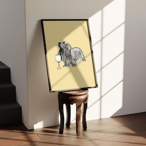 May include: A black and white illustration of a dachshund dog holding a glass of wine on a yellow background.