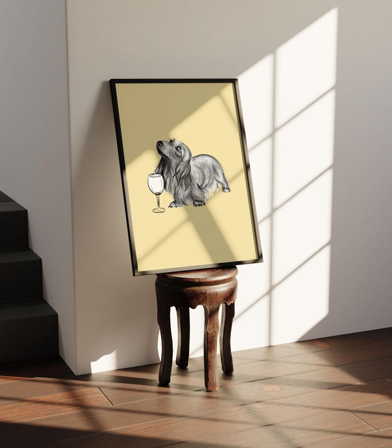 May include: A black and white illustration of a dachshund dog holding a glass of wine on a yellow background.