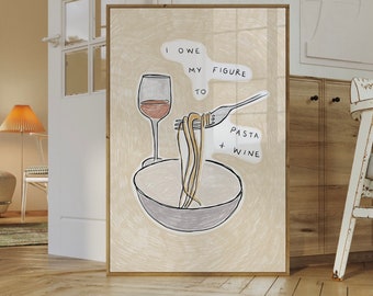 Pasta and Wine Art Print, Kitchen Wall Decor