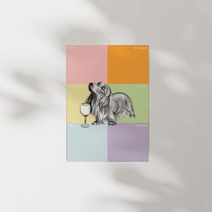 May include: A black and white illustration of a dachshund dog holding a wine glass. The dog is standing on a grid of colored squares labeled with the colors pink, orange, yellow, green, blue, and purple.