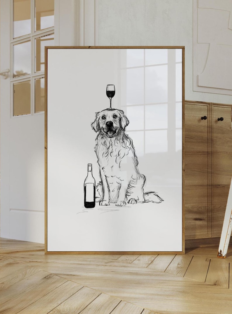 Puede incluir: Dibujo en blanco y negro de un golden retriever sentado con una copa de vino en equilibrio sobre su cabeza y una botella de vino a su lado.